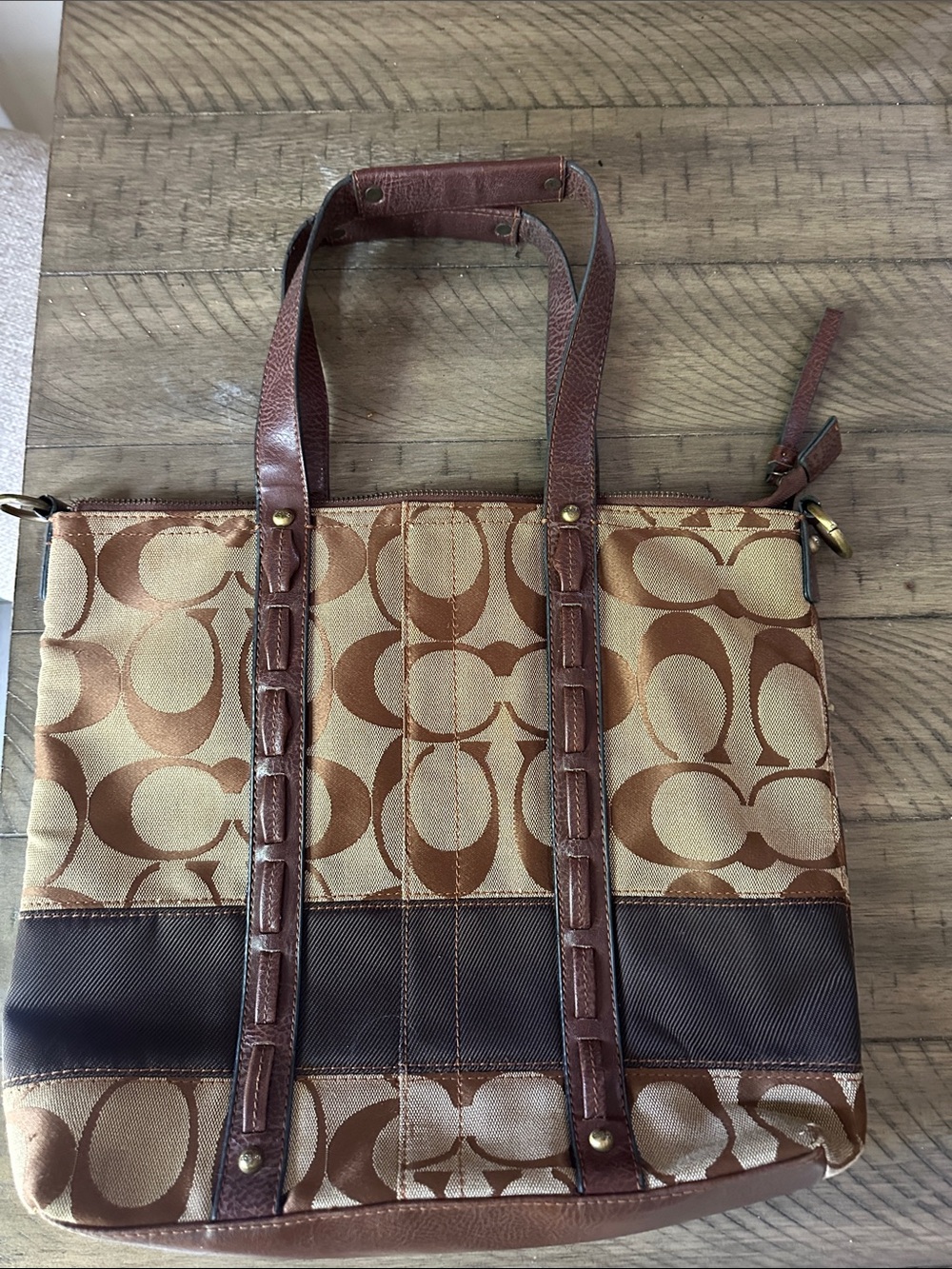 Coach Tan and Brown Signature Canvas Tote with Leather Trim
